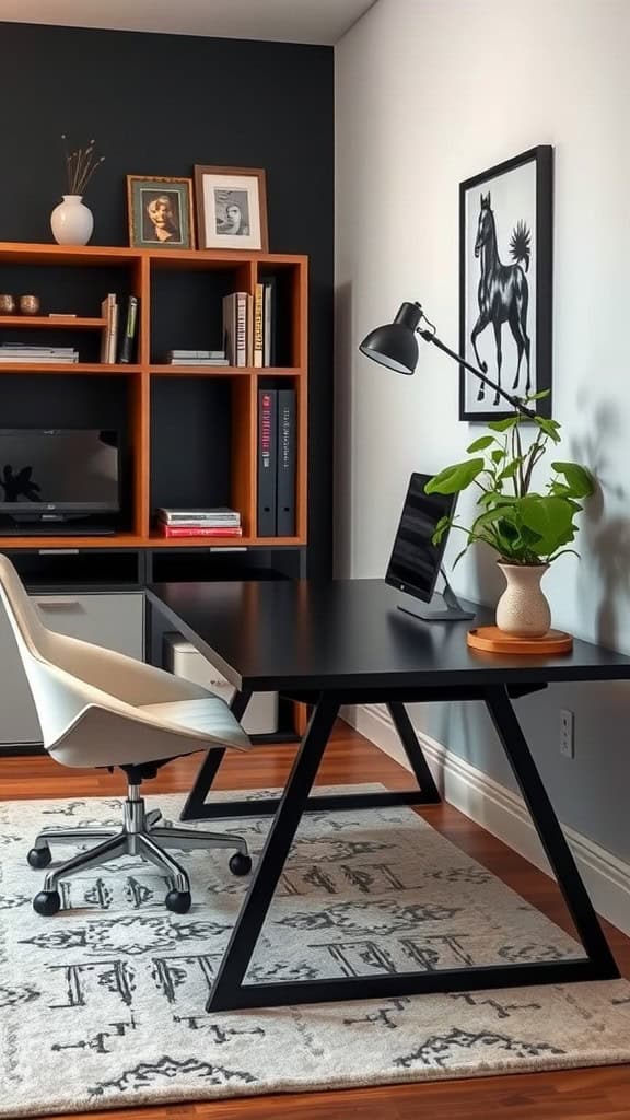 A modern workspace featuring a black desk, a neutral rug, and bold decor elements.