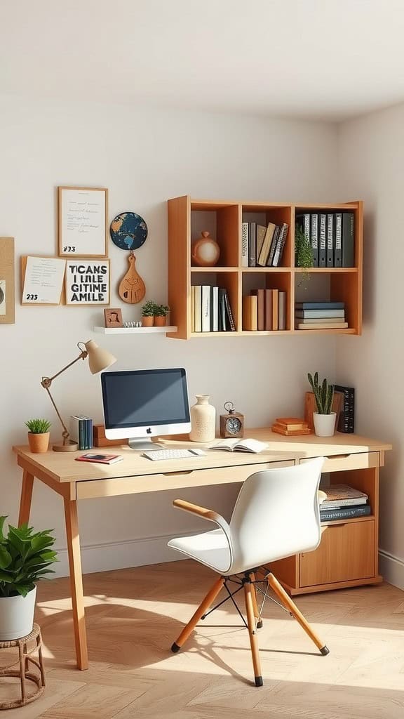 A cozy and organized dorm desk setup, featuring a computer, bookshelves, and plants.