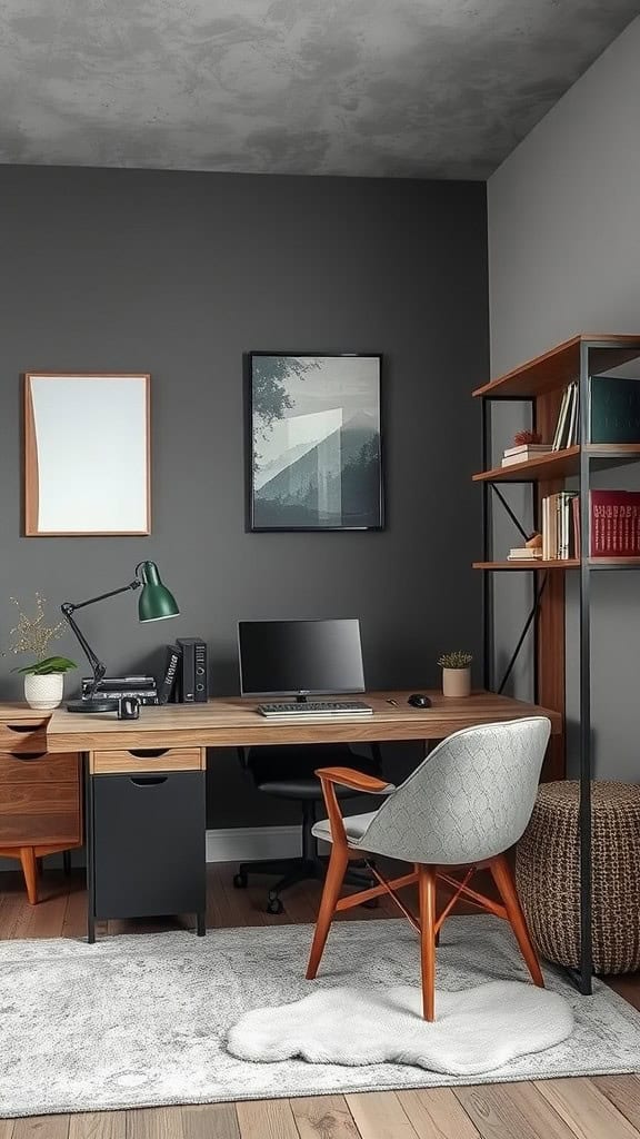 A modern office space featuring grey walls, a wooden desk, and a comfortable chair.