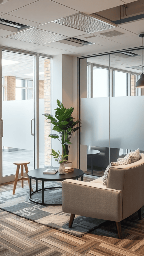 Cozy break area with a couch, table, and plant in a modern office setting.