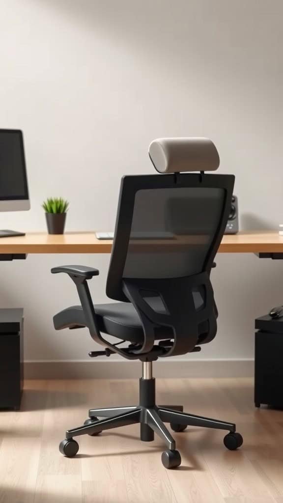 An ergonomic chair in a modern home office setting, featuring a sleek design and supportive elements.