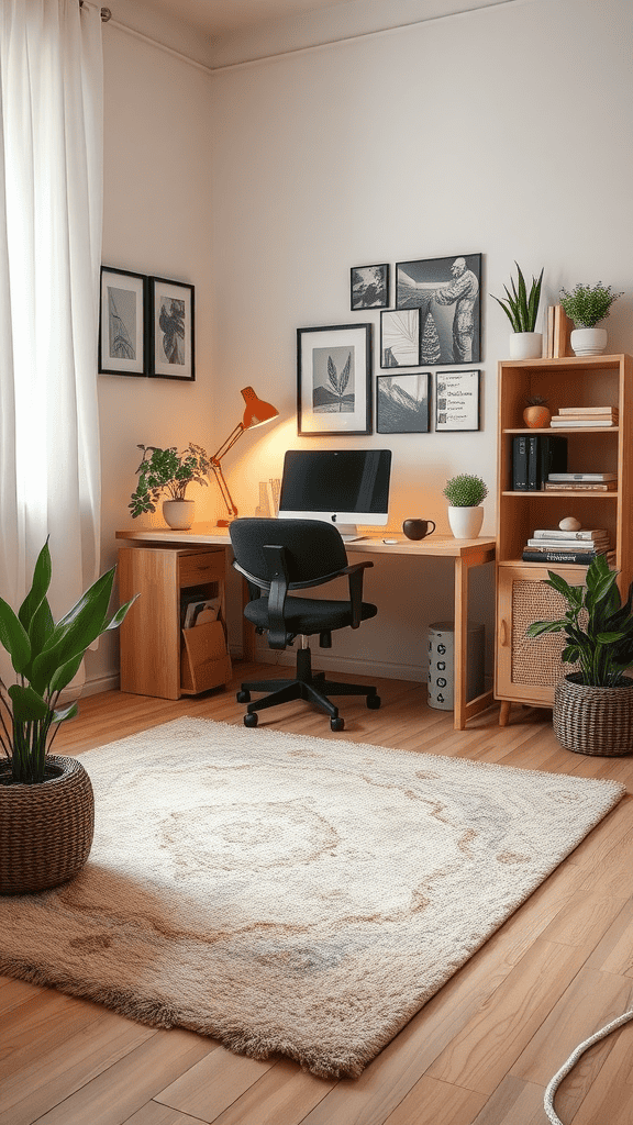 A cozy home office with a desk, chair, and plants, featuring soft flooring.