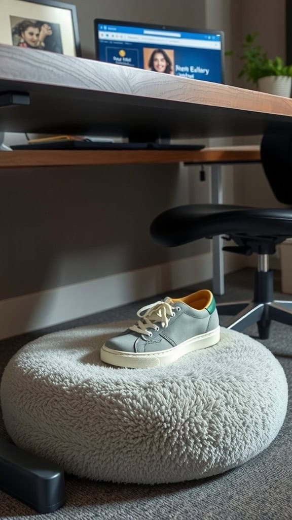 A cozy footrest with a sneaker on it, positioned under a desk with a computer monitor in the background.