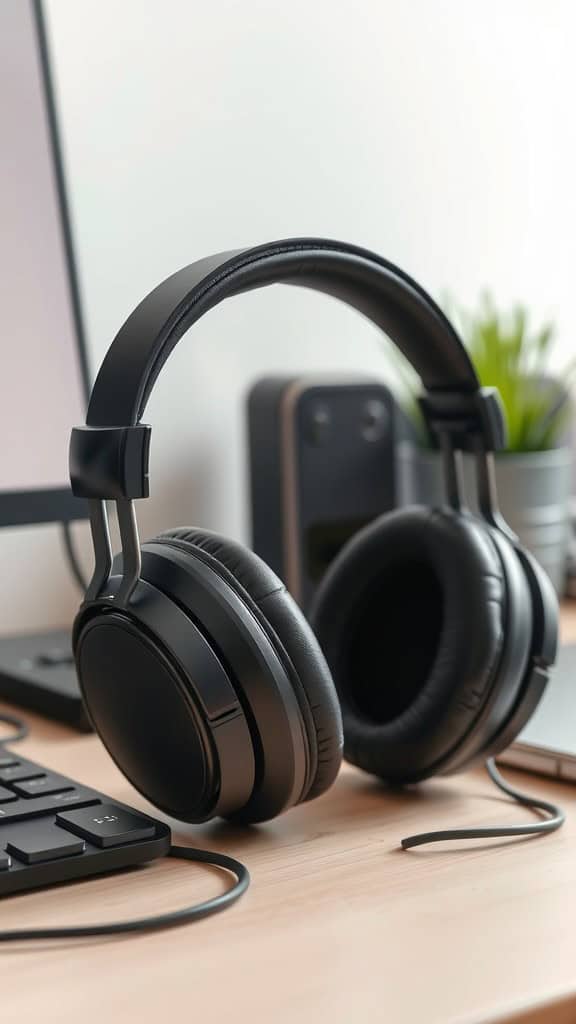 A pair of black comfortable headphones resting on a desk next to a computer keyboard.