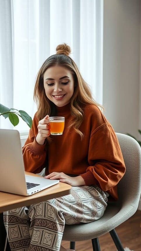 A young woman wearing a cozy sweater and patterned pants, sitting at a home office desk with a laptop and a warm drink.