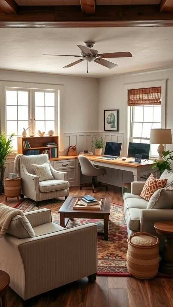 A cozy home office featuring comfortable seating, stylish decor, and natural light.