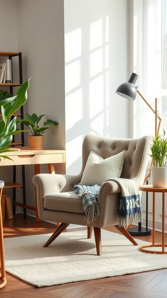 Stylish armchair in a luxury home office with plants and warm lighting.