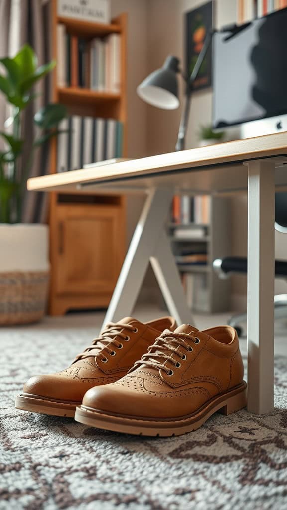 A pair of brown leather shoes placed under a wooden desk in a cozy office environment.