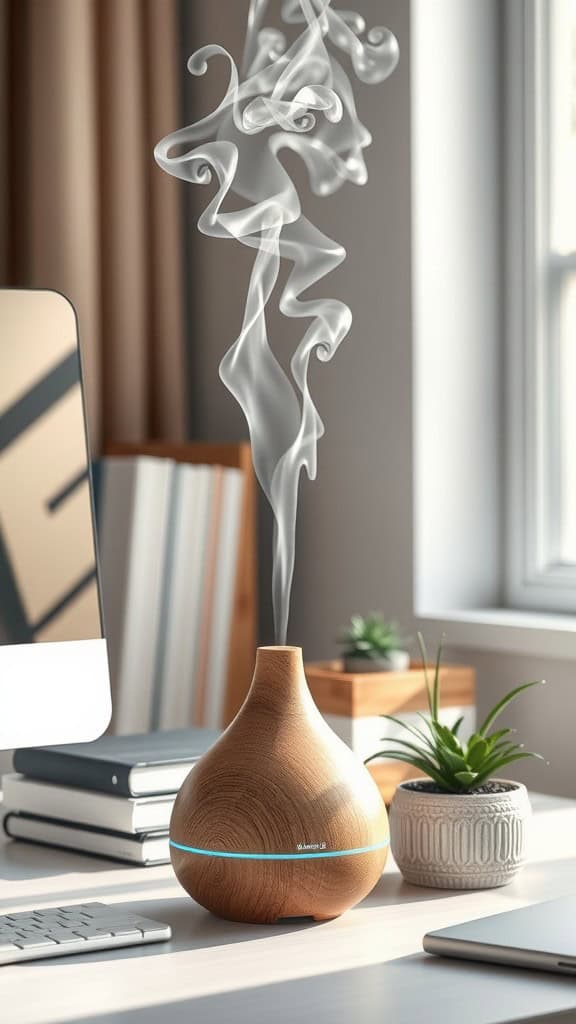 A wooden essential oil diffuser releasing steam in a cozy workspace.