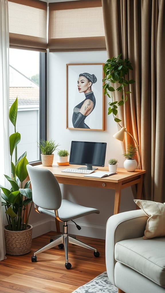 A modern corner desk setup with a computer, plants, and artwork.