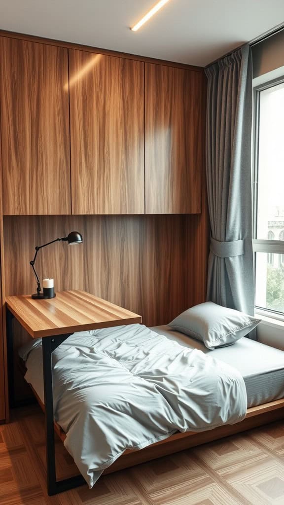 Cozy bedroom with a minimalist design featuring a compact bed and attached desk.