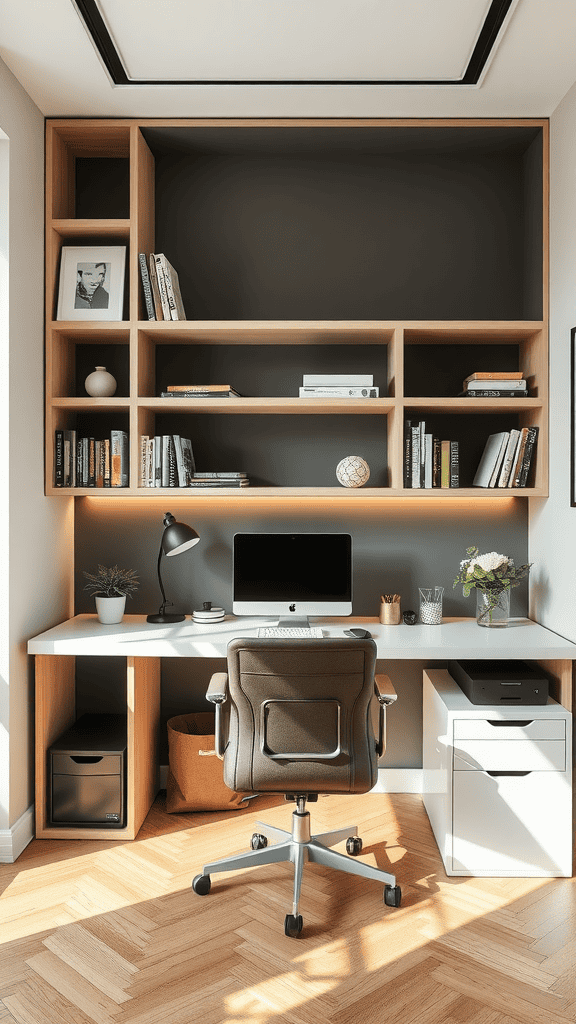 A modern workspace with a desk, computer, and organized shelves.