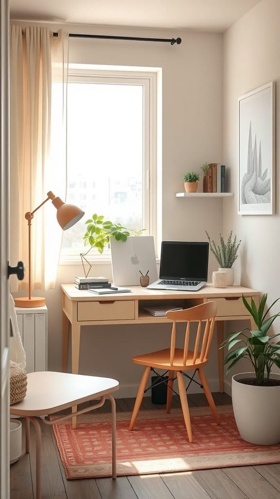 A cozy home office with a neutral-toned secretary desk, laptop, and plants