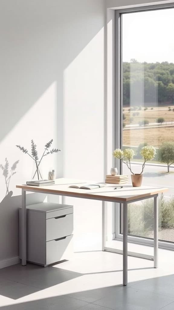 A minimalist home office with a compact writing desk, light flowing in from a large window overlooking greenery.