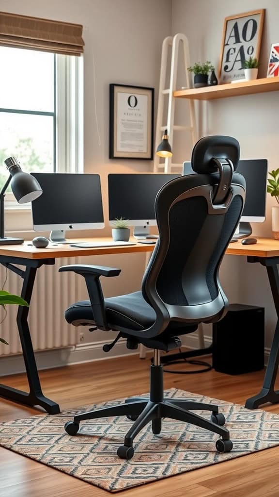 A modern home office setup featuring a stylish ergonomic chair and two computer monitors.