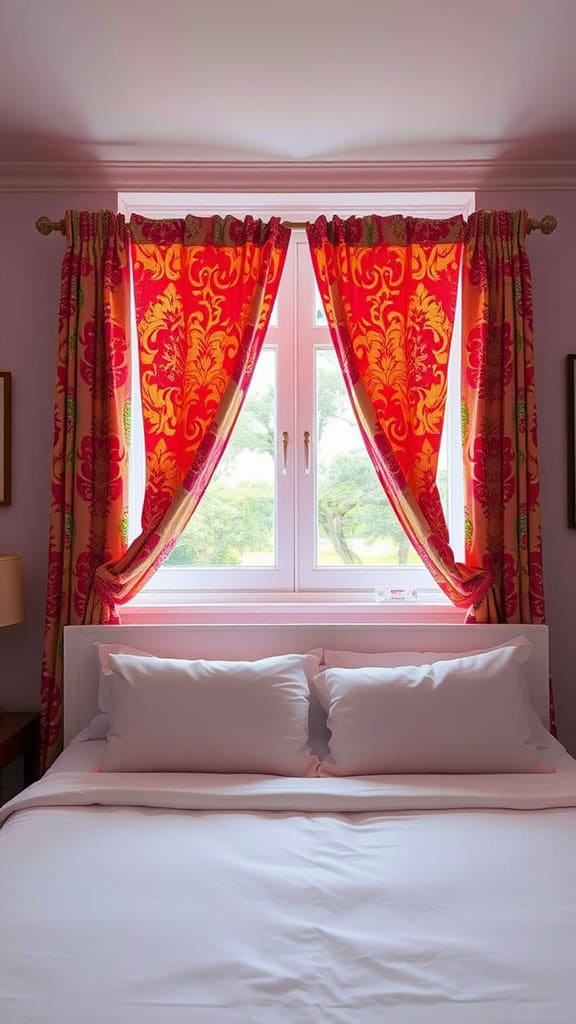 A cozy bedroom featuring a white bed and bold patterned curtains in vibrant red and yellow.