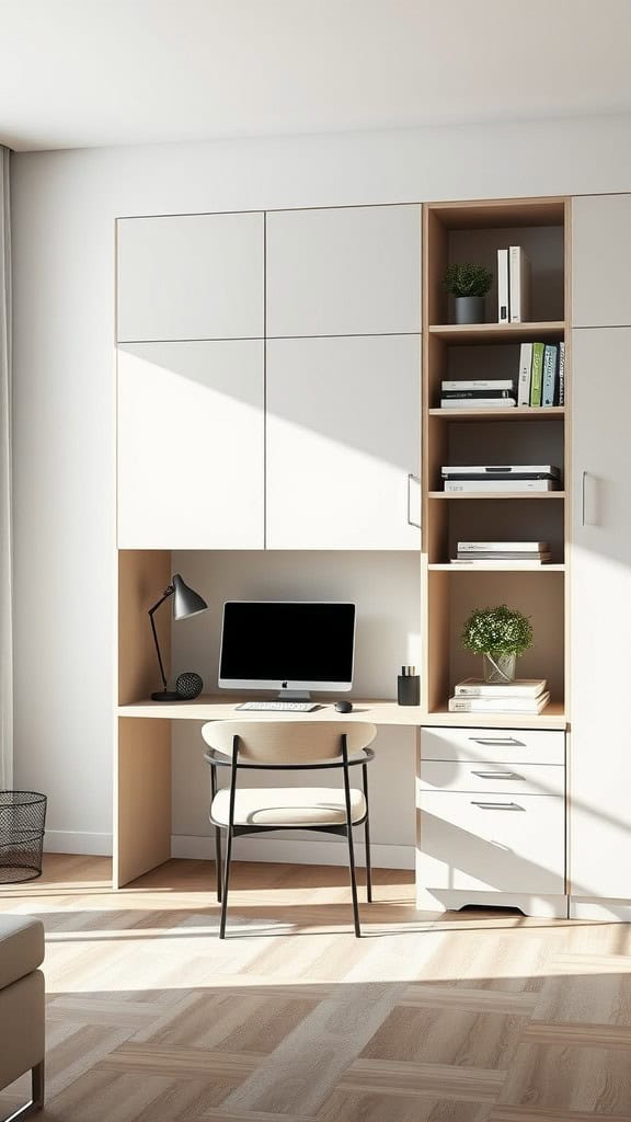 A minimalist home office with a convertible desk that folds into the wall