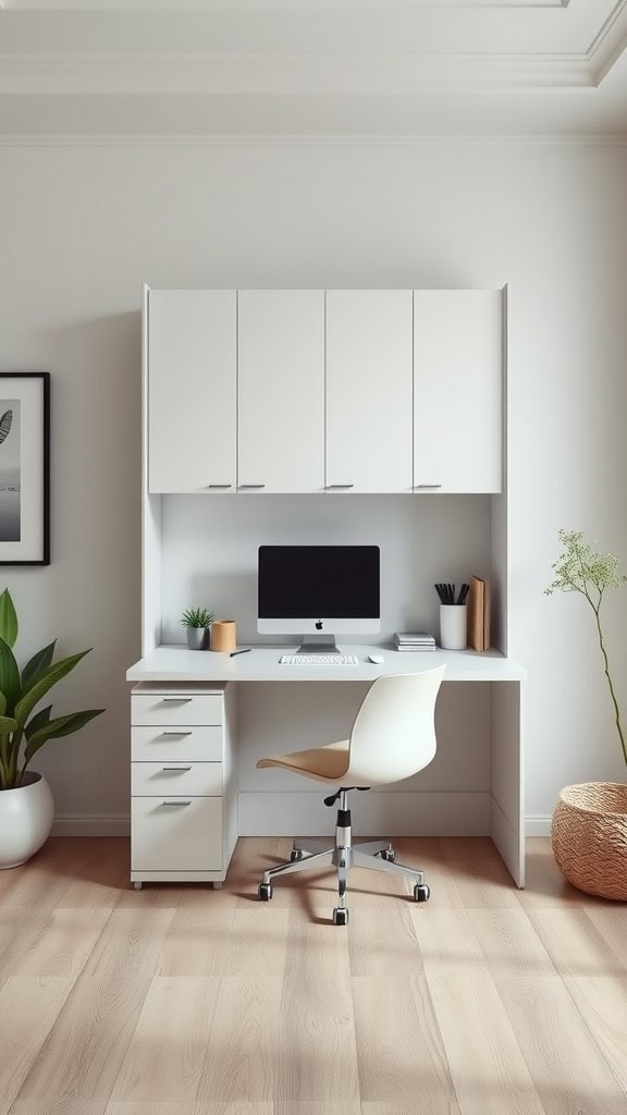 A minimalist home office featuring a convertible Murphy desk with an integrated storage solution.