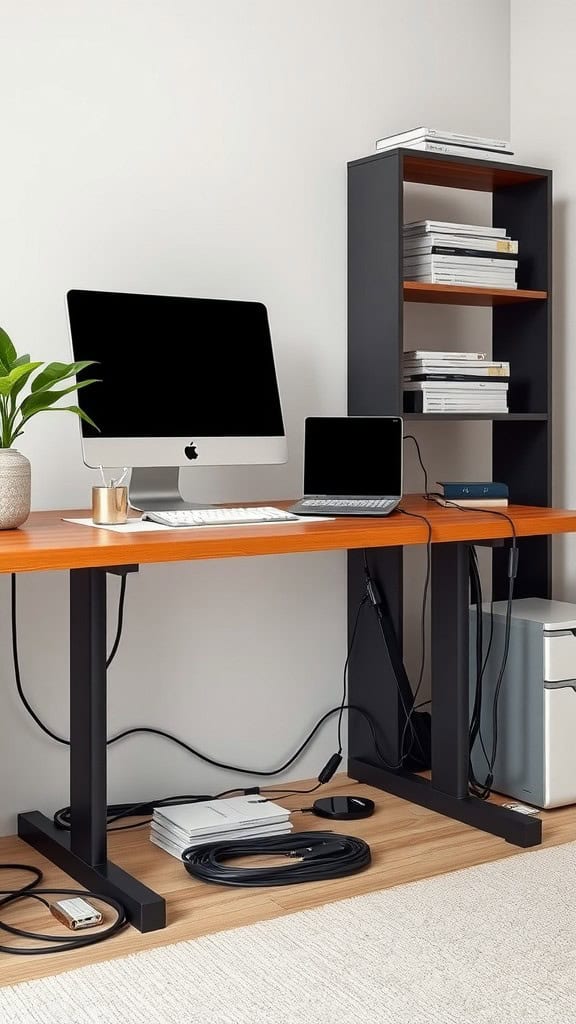 Minimalist home office with organized desk and neatly managed cords.