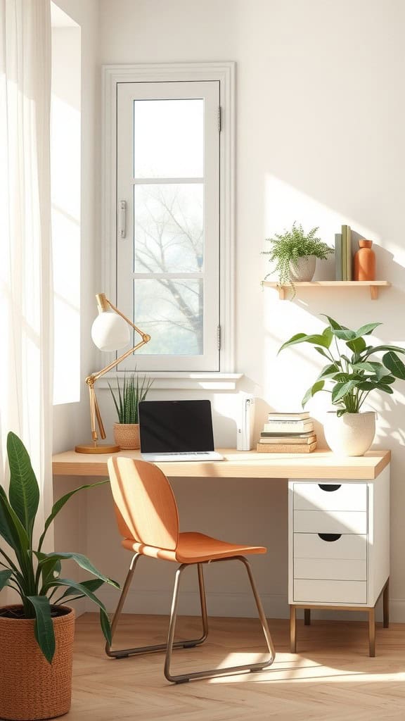 Cozy home office with a corner desk, plants, and natural light.