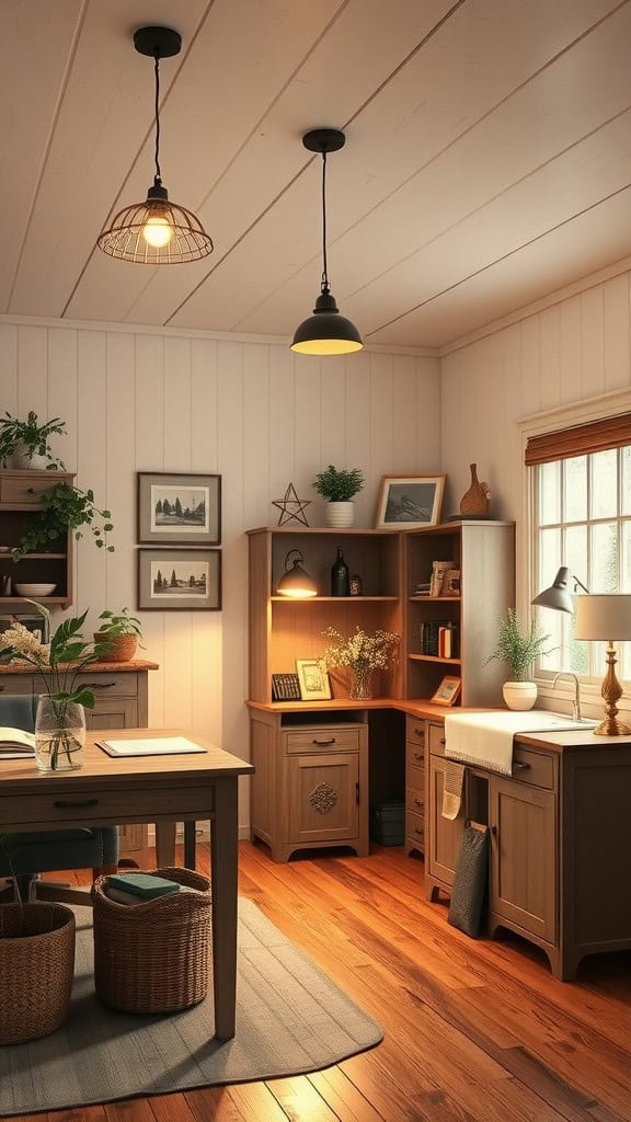 A cozy home office with cottage-style lighting fixtures and wooden furniture.