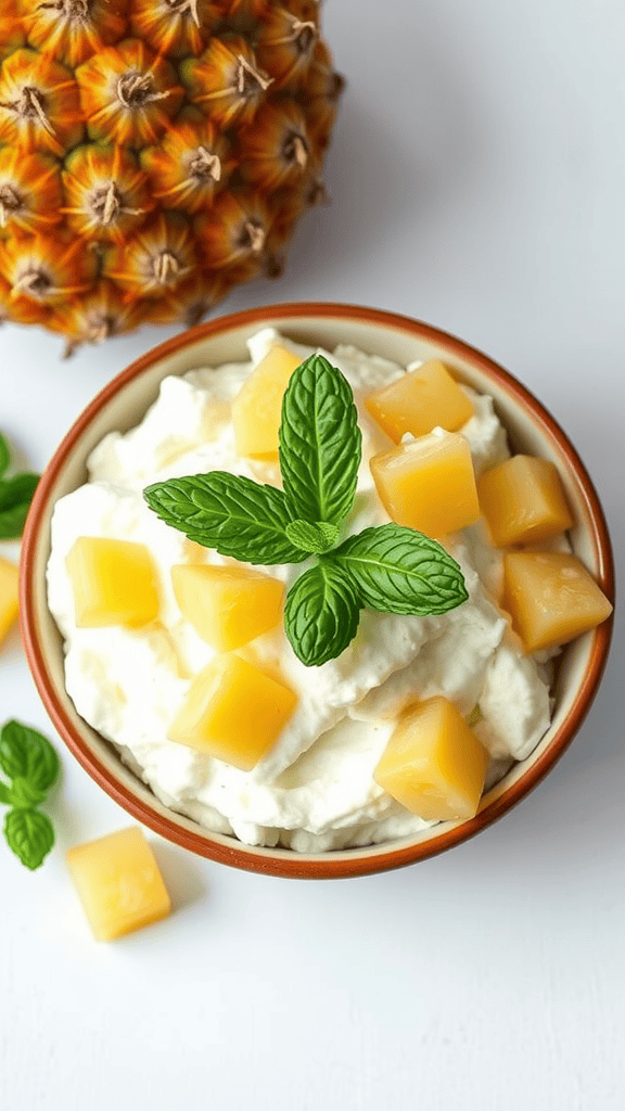 Bowl of cottage cheese topped with pineapple chunks and mint leaves, with a pineapple in the background.