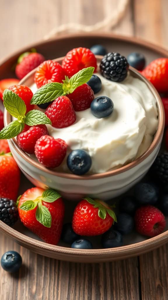 A delicious bowl of cottage cheese topped with fresh berries and mint leaves.