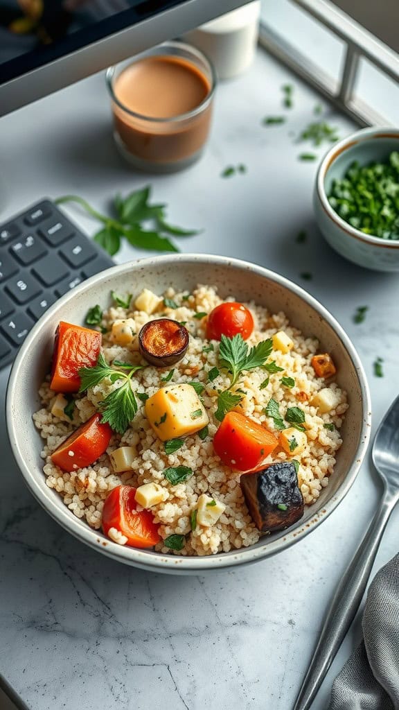 A bowl of couscous with roasted vegetables, including red peppers, tomatoes, and herbs, placed on a marble table next to a keyboard and a cup of tea.