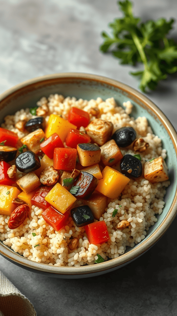 A bowl of couscous topped with colorful roasted vegetables, garnished with herbs