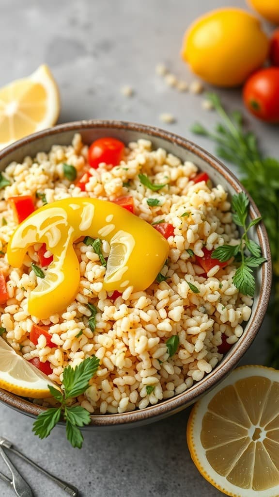 A colorful bowl of couscous salad with cherry tomatoes, bell peppers, and lemon slices.