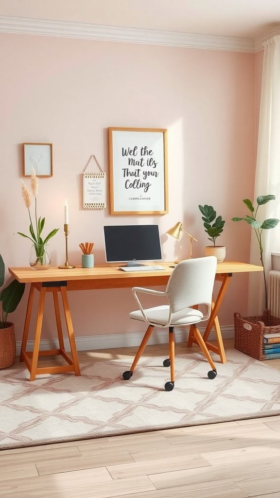 Cozy area rug in a bright feminine office setting with a desk and plants.