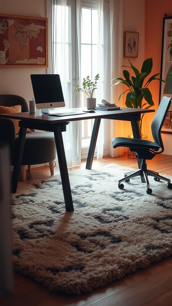 Cozy workspace featuring a plush area rug, desk, computer, and a plant