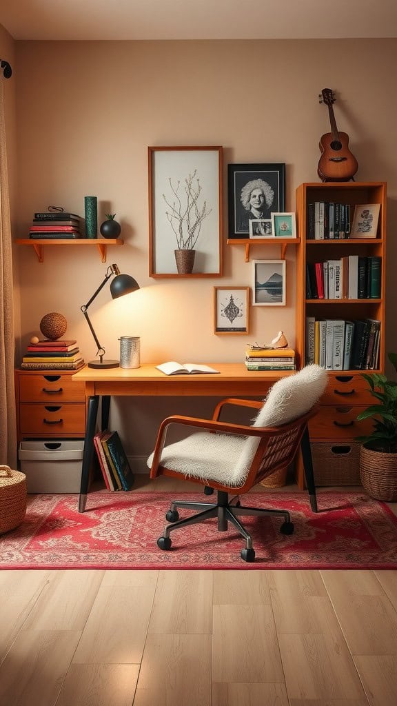 A cozy home office featuring a central desk with personal touches, including art, books, and plants.