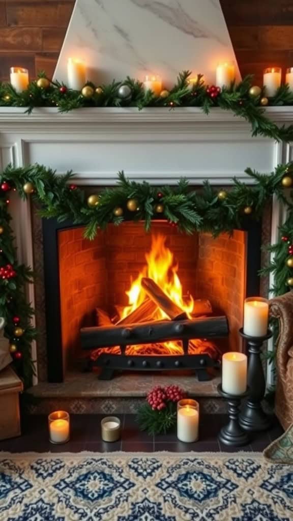 A cozy fireplace decorated with garlands, candles, and a warm fire.