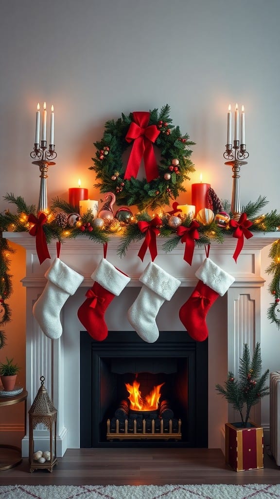 A beautifully decorated fireplace mantel with stockings, candles, and a wreath.