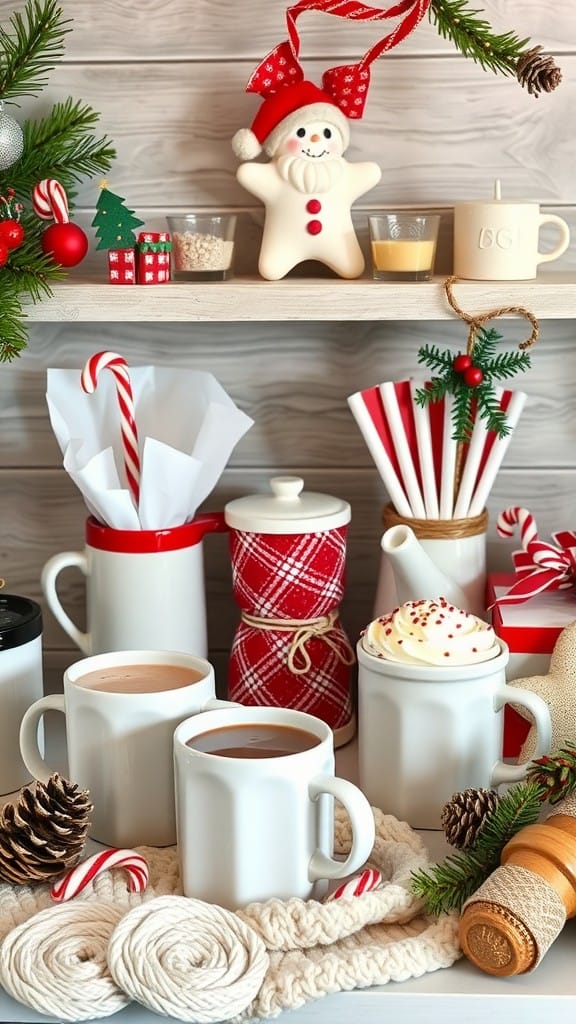 A cozy hot cocoa station with minimalist Christmas decor, featuring mugs of hot cocoa, candy canes, and festive decorations.