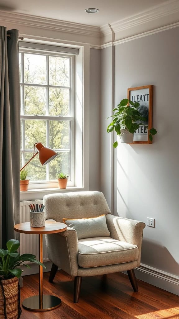 Cozy reading nook with a chair, side table, and plants by the window