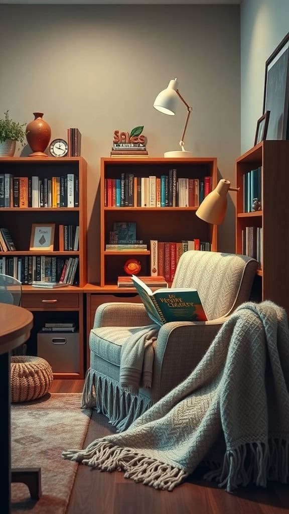 A cozy reading nook with an armchair, blanket, bookshelves, and a lamp.