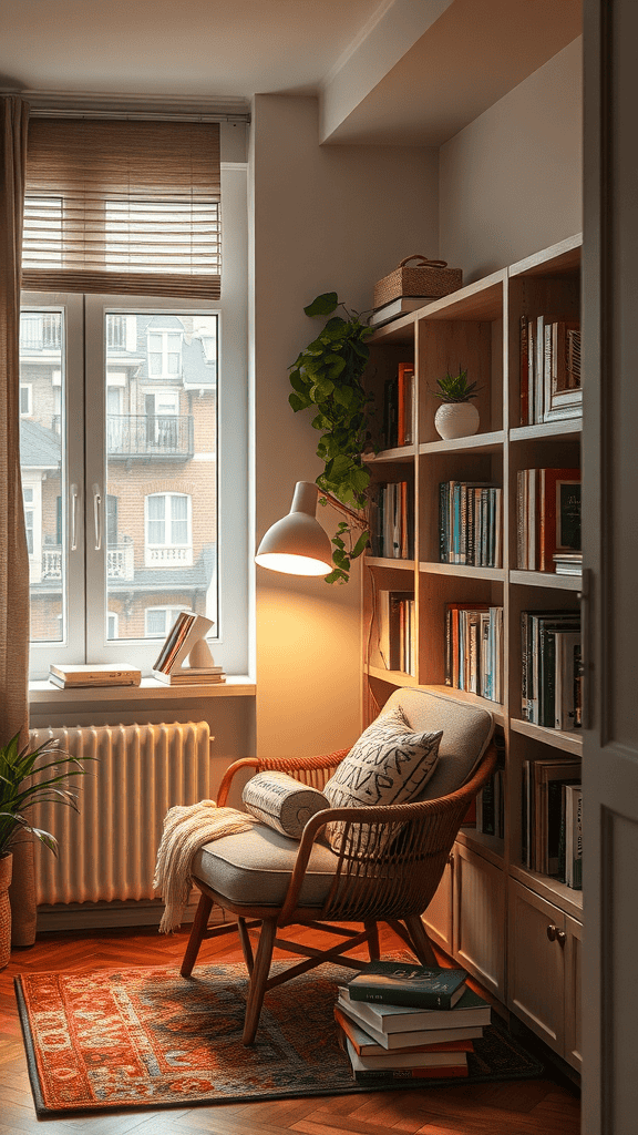 Cozy reading nook with a comfortable chair and bookshelves.