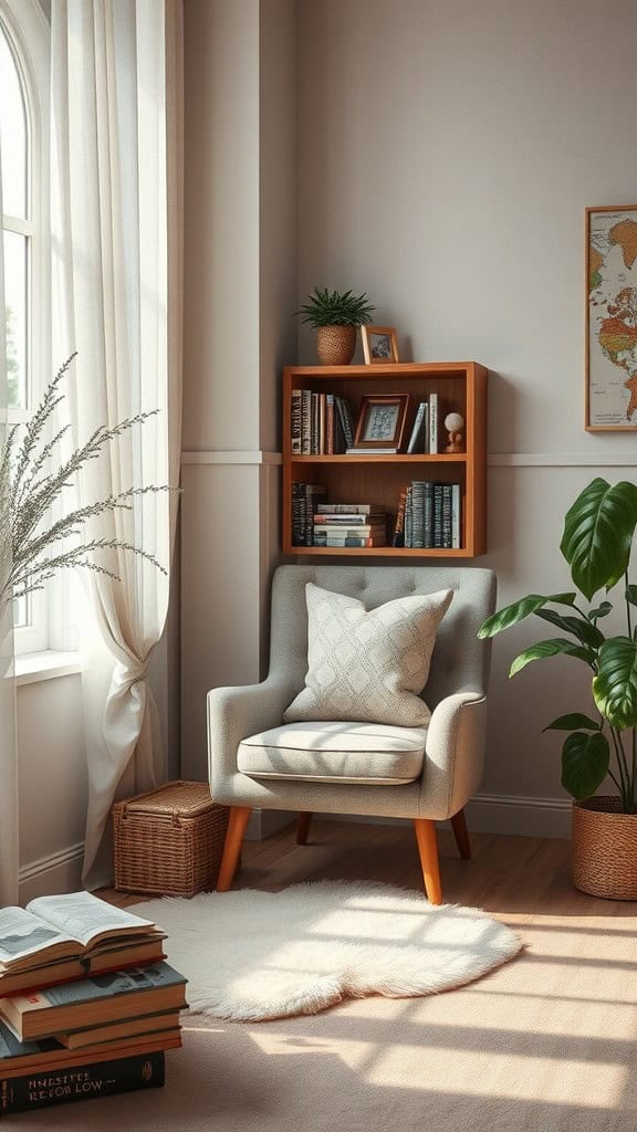 A cozy reading nook featuring a modern chair, books, and plants in a bright, inviting space.