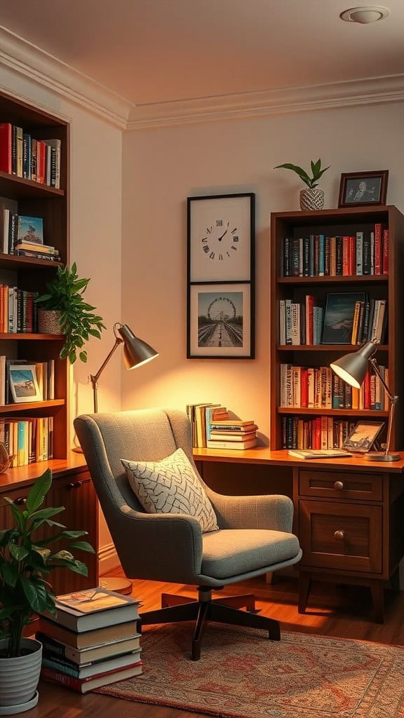 A cozy reading nook with a comfortable chair, bookshelves filled with books, and warm lighting.