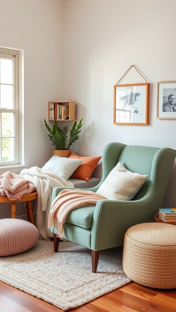 A cozy reading nook with a comfortable chair, soft pillows, and a small table with books.