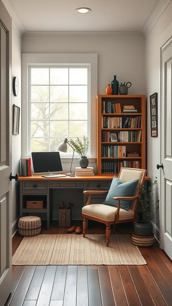 A cozy reading nook in a farmhouse-style home office with a chair, bookshelf, and natural light.