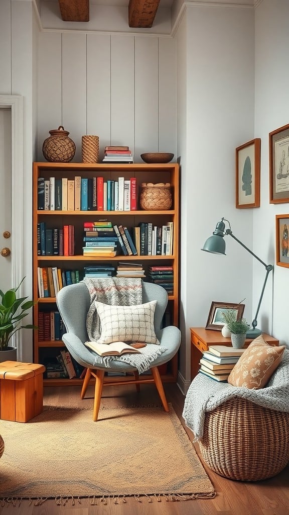 Cozy reading nook with a chair, bookshelves, and decorative items