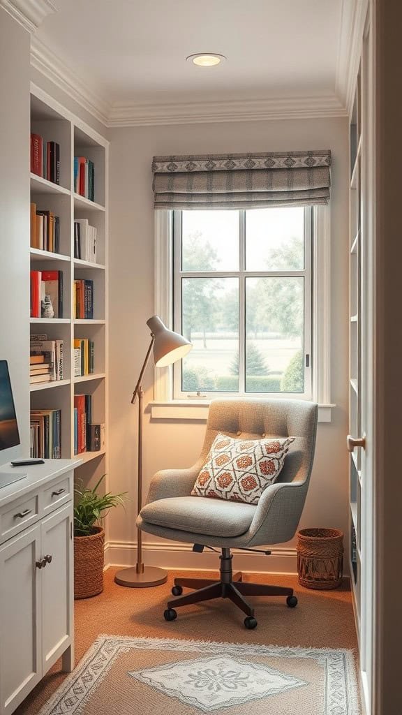 Cozy reading nook in a home office with a comfortable chair, bookshelves, and a window.