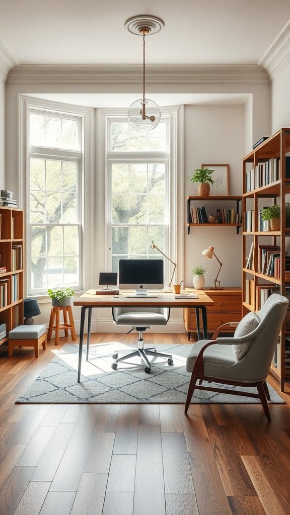 A bright home office featuring a desk in the middle of the room, surrounded by bookshelves and a cozy reading chair.