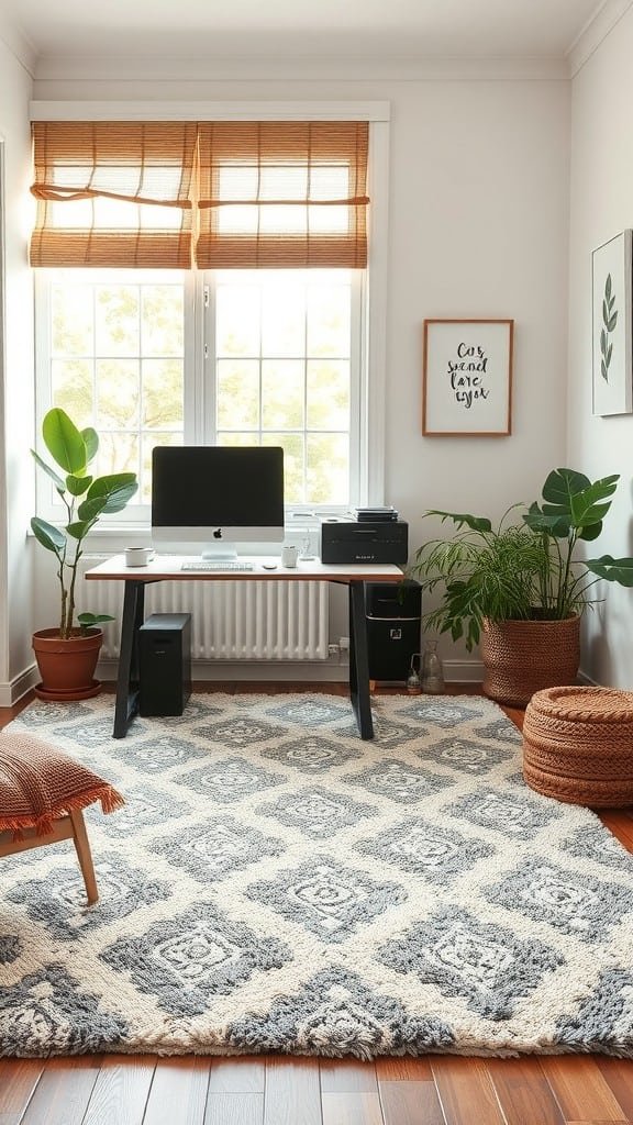 A cozy home office featuring a large patterned rug, a desk with an iMac, plants, and natural light.