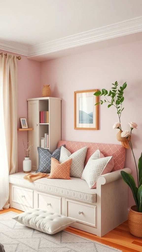 Cozy seating nook with soft pillows and a pink wall