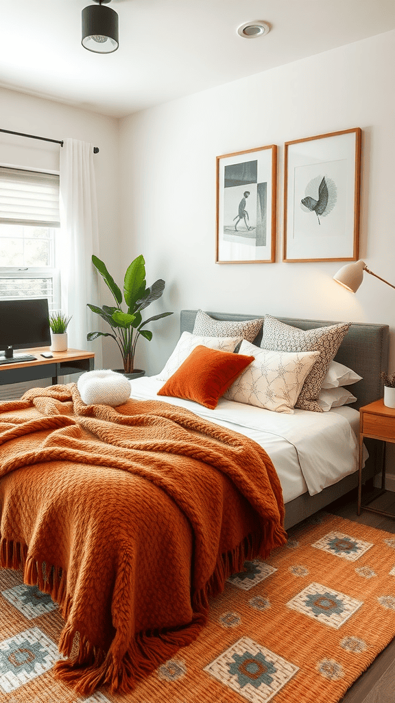 A cozy guest room featuring a warm orange knitted blanket on a bed, various patterned pillows, and a vibrant area rug.