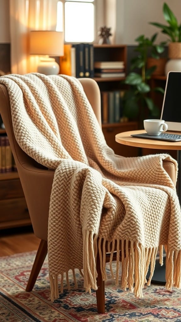 A cozy beige throw blanket draped over a chair in a warm, inviting room.